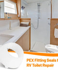 Twenty Piece Heavy Duty Plastic Santoprene Swivel Seals For Half Inch PEX Pipe Fittings And RV Water Lines To Plug Leaks Fast With Zero Drip Nonsense A Reliable Game Changer For Quick Swaps And Easy Installs displayed in a modern RV bathroom setting.