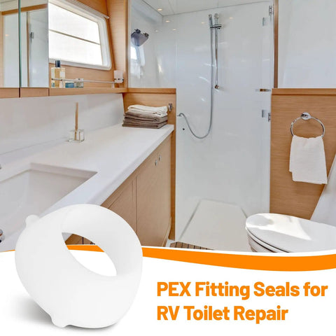 Twenty Piece Heavy Duty Plastic Santoprene Swivel Seals For Half Inch PEX Pipe Fittings And RV Water Lines To Plug Leaks Fast With Zero Drip Nonsense A Reliable Game Changer For Quick Swaps And Easy Installs displayed in a modern RV bathroom setting.
