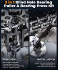 2 In 1 Blind Hole Bearing Puller And Bearing Press Kit For Bicycle And Motorcycle, installation and removal process shown