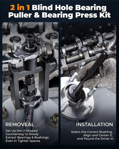 2 In 1 Blind Hole Bearing Puller And Bearing Press Kit For Bicycle And Motorcycle, installation and removal process shown