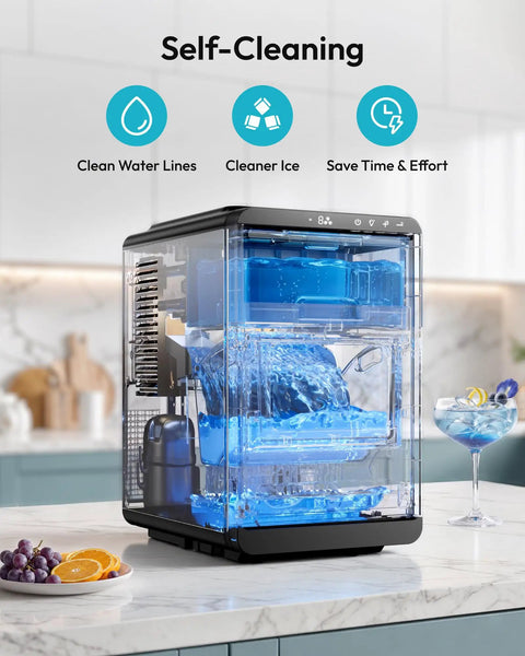 Countertop Crescent Ice Maker Slings Sixteen Chill Cubes In Twelve Minutes On Timer With Auto Flush Cycle And Adjustable Thickness, self-cleaning function.