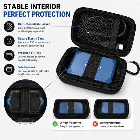 Open Carrying Case For Crucial X10 X9 Pro Portable SSD Box Only Travel Hard Storage Bag With Mesh Pocket showing interior compartments.