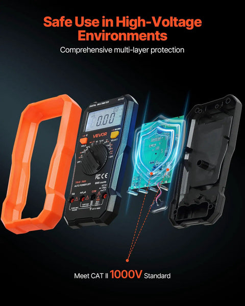Exploded view of All In One Digital Multimeter TRMS 6000 Count DC AC Voltmeter And Current Tester With NCV and protective case.