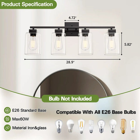 Four Light Matte Black Vanity Light With Square Backplate Glass Shades Sleek Modern UL Certified Bathroom Fixture specification