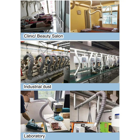 Heavy Duty Flexible Duct Collector Arm With No Fuss Exhaust Hood And Long Air Extractor For Lab Fume Smoke Removal in various settings.