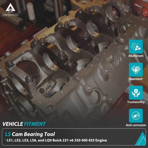 Cam Bearing Install Tool And Engine Cam Bearing Remove Kit For Chevy LS Engines Complete Installation displayed on engine block