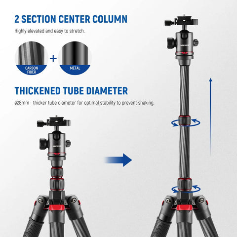 Top Tier Carbon Fiber Camera Tripod And Monopod Travel Stand Delivering Rock Solid Stability For Hassle Free Photography And Videography Shoots Supporting Heavy Gear Up To Twenty Six Pounds with dual section center column and thickened tube.