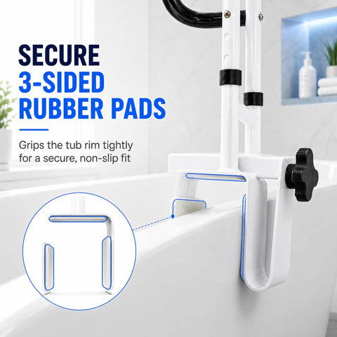 Heavy Duty Bathroom Safety Grab Rail For Seniors With No Fuss Snaps Right Onto 3.4 To 6.6 Inch Walls Rust Resistant Steel Bar showing secure 3-sided rubber pads gripping tub rim tightly.