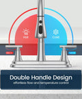 Sharp 8 Inch Two Handle Pull Down Kitchen Faucet With Integrated Soap Dispenser Sleek Brushed Nickel Finish close-up showing controls for hot and cold water.