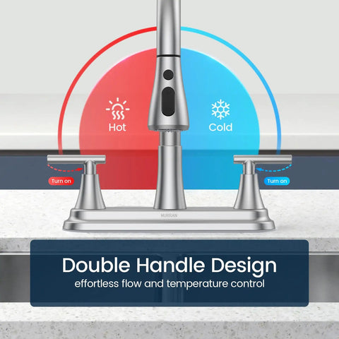 Sharp 8 Inch Two Handle Pull Down Kitchen Faucet With Integrated Soap Dispenser Sleek Brushed Nickel Finish close-up showing controls for hot and cold water.