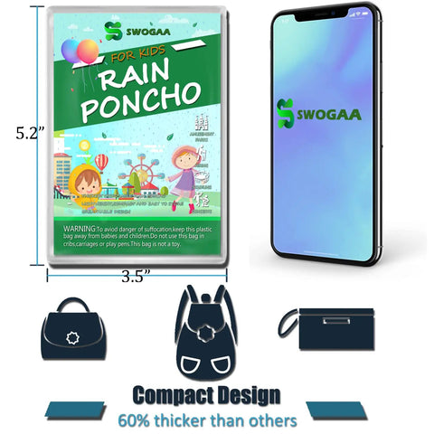 Packaging of Six Pack Kid Rain Ponchos showing size comparison with smartphone, featuring compact and kid-friendly design.
