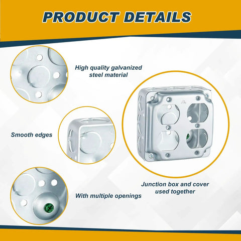 Four Pack 4 By 4 Inch Electrical Junction Boxes With Covers, Metal Outlet Box Set, 21 Cu In Capacity Receptacle Exposed Work