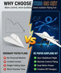 Comparison of ordinary paper plane and RC Paper Airplane Kit With Gyro Stabilizer And Dual Propellers; RC kit advantages shown