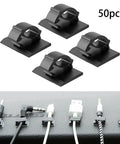 Premium Adhesive Cable Management Clips Super Sticky Backing Clean Pop Off No Damage Wire Cord Organizers For Home Office Desk Tidying Solution Heavy Duty Plastic Holder Gonna Lock In Tight, 50pcs shown on desk with wires.