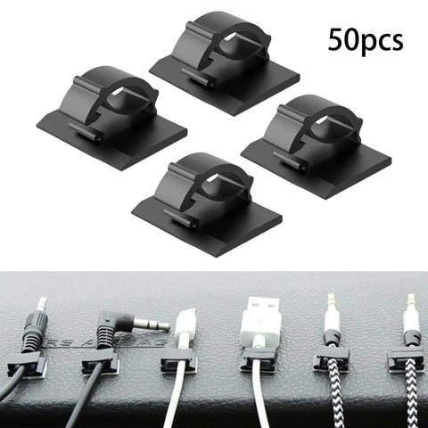 Premium Adhesive Cable Management Clips Super Sticky Backing Clean Pop Off No Damage Wire Cord Organizers For Home Office Desk Tidying Solution Heavy Duty Plastic Holder Gonna Lock In Tight, 50pcs shown on desk with wires.