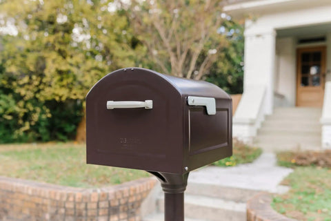 Centennial XL Post Mount Mailbox Rubbed Bronze Weather Tough As Nails Heavy Duty Outdoor Mailbox in front yard