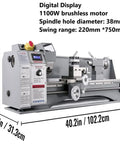 Mini Metal Lathe Machine 1100W With 220mm Swing Over Bed And 750mm Between Centers Variable Speed Digital Display on workbench.