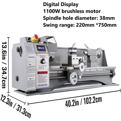 Mini Metal Lathe Machine 1100W With 220mm Swing Over Bed And 750mm Between Centers Variable Speed Digital Display on workbench.