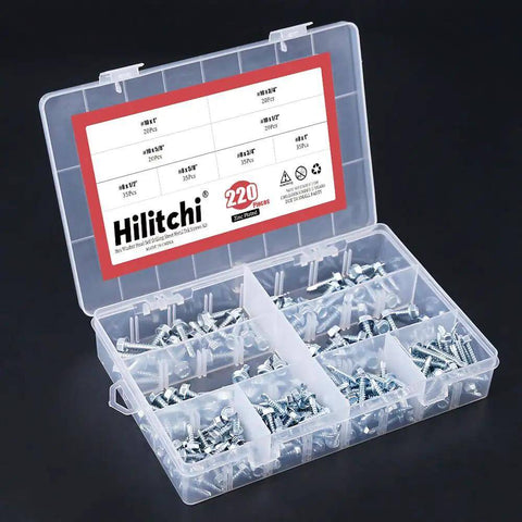 Zinc Plated Hex Washer Head Self Drilling Sheet Metal Screws Assortment Kit with 220 pcs in clear organizer box.