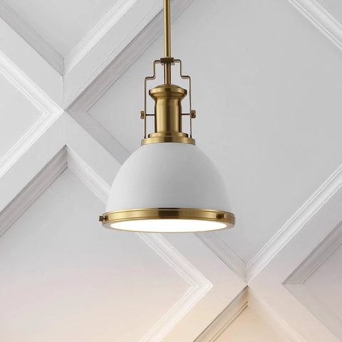 Brass Gold Modern Industrial 10 Inch Pendant Light With White Dome Shade Slick Look For Kitchen Island Or Entryway LED Bulb Included