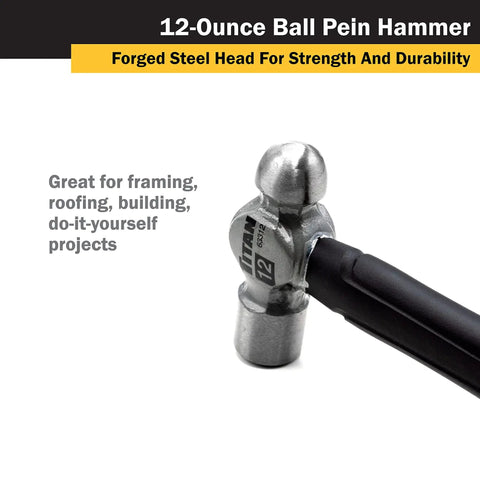 12 Oz Ball Pein Hammer Workhorse With Forged Steel Head And Shock Absorbing Fiberglass Handle Textured Rubber Grip