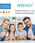 Family of four holding glasses of water, promoting Hella Reliable Heavy Duty Home Drinking Water Test Kit 25 In 1 With 165 Quick Strips Plus Bonus Bacteria Checks For Lead Iron Fluoride Chlorine Hardness Ph And E Coli Analysis.