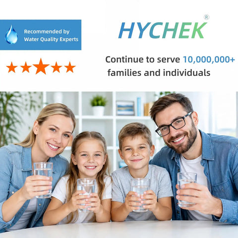 Family of four holding glasses of water, promoting Hella Reliable Heavy Duty Home Drinking Water Test Kit 25 In 1 With 165 Quick Strips Plus Bonus Bacteria Checks For Lead Iron Fluoride Chlorine Hardness Ph And E Coli Analysis.