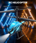 RC Helicopter With LED Lights And Auto Hover, 7 Color Modes Plus Demo Mode, shown in a futuristic setting with glowing LEDs