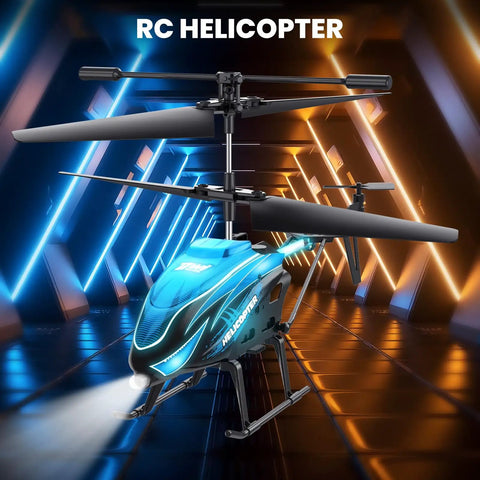 RC Helicopter With LED Lights And Auto Hover, 7 Color Modes Plus Demo Mode, shown in a futuristic setting with glowing LEDs