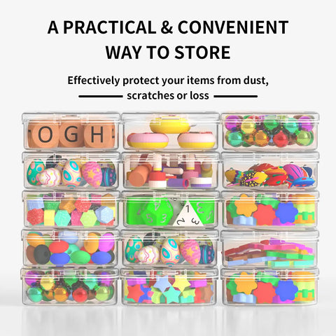 Clear Bead Organizer Storage Box Set With 31 Hinged Lid Containers for crafts, displaying colorful items, durable plastic design
