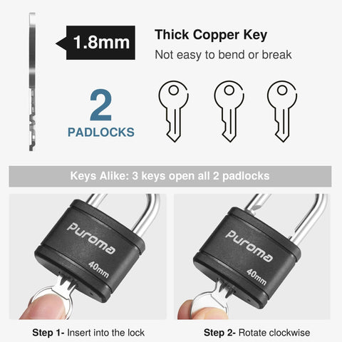 Two Pack Keyed Padlocks With 3 Keys Alike, 7/8 Inch Hardened Steel Shackle inserting key close-up, scratch-resistant body