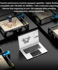Multiple TTS-55 Pro Laser Engraver 5.5W DIY Laser Cutter With Air Assist units on black surface next to laptop displaying design.