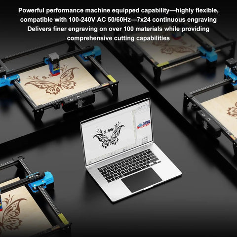 Multiple TTS-55 Pro Laser Engraver 5.5W DIY Laser Cutter With Air Assist units on black surface next to laptop displaying design.