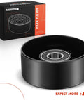 A-Premium belt idler pulley, black metal wheel with bearing, displayed beside its black and orange packaging box.