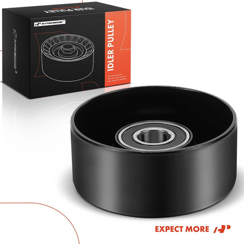 A-Premium belt idler pulley, black metal wheel with bearing, displayed beside its black and orange packaging box.
