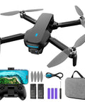 Foldable Kids Drone With 1080P HD FPV Camera, brushless motors, 2 batteries, remote, and carrying case on display