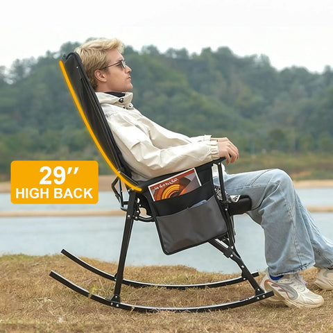 Man sitting in Two Pack High Back Portable Rocking Chairs With Hard Armrests For Outdoor Hangouts, Oversized Folding Camping Chairs