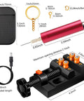 Pro Grade Electric Resin Drill Set With Pin Vise For Molds And Jewelry Casting, Anti Skid Drill Press Vise, 210 Piece Keychain Making Kit, Precision Hand Drill Kit dimensions and components displayed