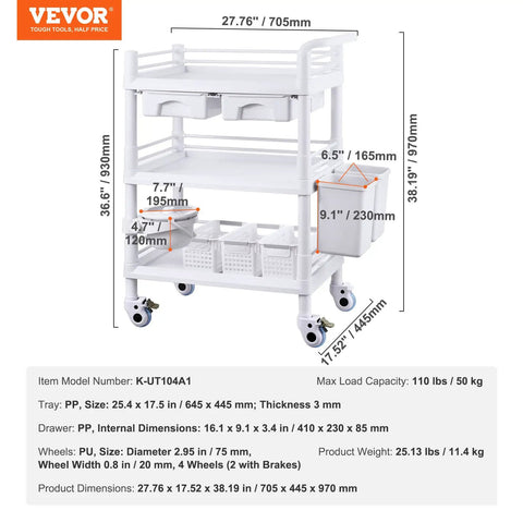 Medical Mobile Trolley Cart With 2 Drawers And 3 Trash Cans, 3 Tier Rolling Utility Cart With 4 Silent Wheels, Buckets And Bowl