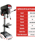 12 Inch Benchtop Drill Press With Six Pole Variable Speed 360 To 2000 RPM Three Quarter HP featuring specifications chart