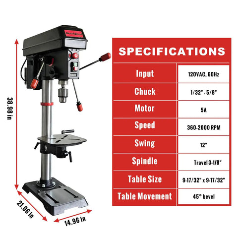 12 Inch Benchtop Drill Press With Six Pole Variable Speed 360 To 2000 RPM Three Quarter HP featuring specifications chart