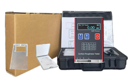 Must Have Pro Grade Surface Roughness Gauge Meter With USB Data Output And OLED Display shown with packaging and accessories.