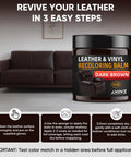 Easy Swipe Leather Recoloring Balm For Faded Leather Scratch Repair And Color Restore On Couches Car Seats Auto Interiors Vinyl And Furniture In One 10 Oz Dark Brown jar next to dark leather couch with instructions.