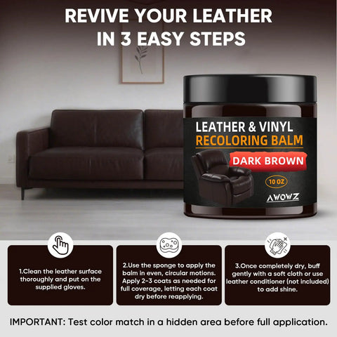 Easy Swipe Leather Recoloring Balm For Faded Leather Scratch Repair And Color Restore On Couches Car Seats Auto Interiors Vinyl And Furniture In One 10 Oz Dark Brown jar next to dark leather couch with instructions.