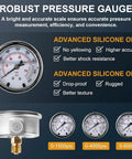 Close-up of robust pressure gauge details for Heavy Duty Hydraulic Accumulator Charging Kit With Three Gauges And Seven Couplings.