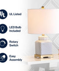 21.5 Inch White And Navy Ceramic Ginger Jar LED Table Lamp With Fishnet Chinoiserie Pattern, showing white linen shade and brass base