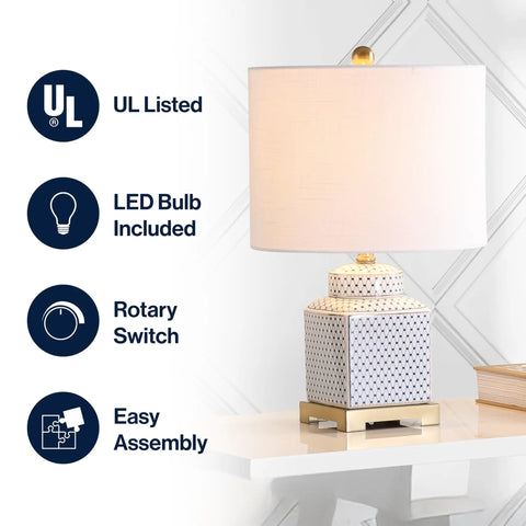 21.5 Inch White And Navy Ceramic Ginger Jar LED Table Lamp With Fishnet Chinoiserie Pattern, showing white linen shade and brass base