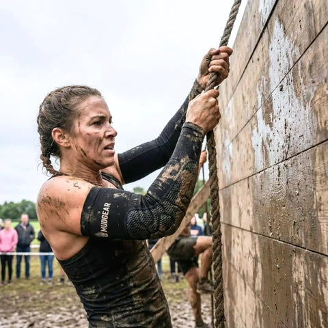 Premium Padded Arm Sleeves With Compression Elbow Protection, non slip sweat resistant in action during obstacle course, large