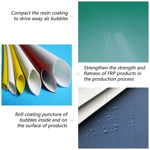 Fiberglass Roller Tool Set Of 5 for Resin Laminating and Repair; detailed shots of bubbles and coatings on surfaces.