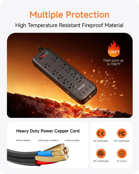 Flat Plug Power Strip With Surge Protector 1700J Converts 2 Prong To 3 Prong Outlets with high temperature resistance, black